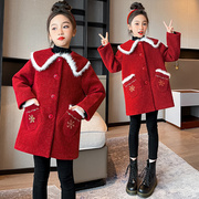 女童毛呢子(毛呢子)大衣中大儿童，外套秋冬季款，2023夹棉加厚红色拜年服