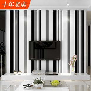 黑白竖条纹电视背景墙纸，现代简约客厅，装修家用非自粘无胶刷胶壁纸