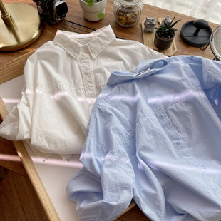韩系纯棉水洗春秋打底衬衫女奶浅蓝白绿色(白绿色，)上衣长袖叠穿内搭高级感