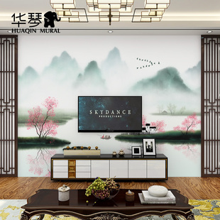 新中式壁纸 意境水墨山水画电视背景墙壁布 卧室墙纸壁画客厅墙布