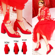 中式婚鞋女2023红色高跟鞋，结婚鞋子红鞋新娘，鞋粗跟敬酒秀禾鞋