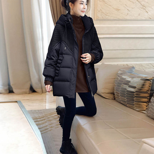 黑色连帽羽绒服冬季韩版中长款拼接休闲加厚外套女2024年欧货