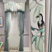 乡村田园风格美式简约新中式，客厅卧室窗帘，定制带幔绒布印花绣花纱