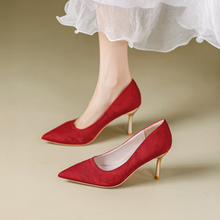 大红色婚鞋女细跟国风配旗袍，浅口尖头主持礼仪婚宴伴娘鞋高跟鞋子