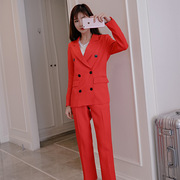红色OL职业套装女春秋款韩版显瘦时尚帅气西装小外套西服裤两件套