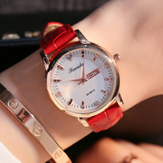 红色真皮带镶钻女士手表时尚潮流，防水双日历玫瑰金学生(金学生)高档腕表