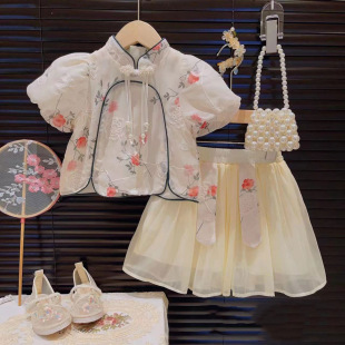 女童汉服连衣裙夏装2023儿童中国风刺绣旗袍裙套装洋气两件套