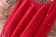 甜美西瓜红圆领珍珠，蝙蝠袖兔毛仙美套头，2021安哥拉兔毛毛衣