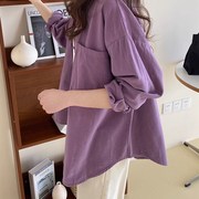 紫色长袖衬衫女2023年秋款韩版宽松通勤外套，磨毛棉质上衣加厚冬季