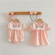 2024女宝宝夏季包屁衣粉色婴儿衣服短袖三角爬服女童连衣裙姐妹装