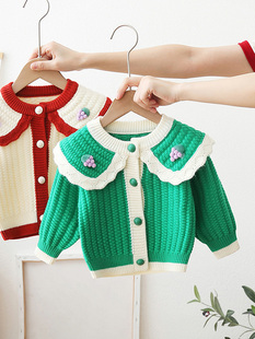 女童娃娃领毛衣开衫外套秋冬季儿童拼色公主风宝宝婴儿针织衫外搭