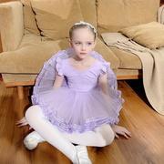 儿童舞蹈服纯棉练功服考级紫色分体套装夏季短袖开档芭蕾舞裙中国