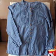 0210纯棉斜纹棉牛仔，蓝长袖蕾丝领单排扣纯色，甜美衬衫防晒直筒2022