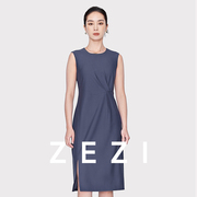 zezi精纺羊毛褶皱无袖商务连衣裙时尚百搭长裙气质高端裙子女装