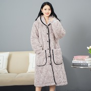 仿獭兔毛女士冬季外穿睡袍保暖加厚长款连帽，三层加厚夹棉睡衣
