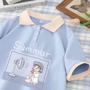夏装奶蓝色短袖t恤女夏季2024年纯棉，宽松polo衫半袖体恤上衣