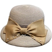 高端夏季进口冰丝草帽子名媛气质女麻纱水钻珍珠英伦礼帽渔夫盆帽