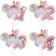 彩虹独角兽铝膜气球数字，123岁生日派对，装饰儿童独角兽主题派对
