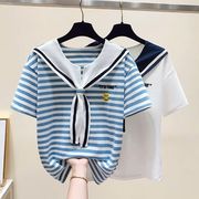 女童海军纯棉短袖2023夏季t恤学院，风洋气中大童条纹领结上衣