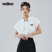 odbo520主题后背印花短袖，白色衬衫女夏季2022年中长款上衣潮