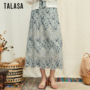 TALASA商场同款丝棉印花半身裙2024夏蕾丝拼接设计度假风长裙
