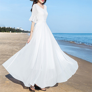 2024夏季高端时尚气质白色真丝桑蚕丝连衣裙沙滩度假大摆长裙