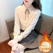加绒加厚娃娃领蕾丝打底衫女2023秋冬韩版长袖，衬衫时尚女上衣