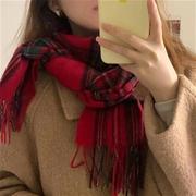 定制款~新年礼物红色，格子羊毛围巾，女冬季韩版防寒保暖围脖护颈ins
