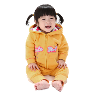 韩国外贸春秋婴幼儿黄色抓绒连身衣哈衣女宝宝爬服卫衣新生儿外套