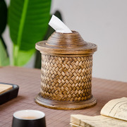 异丽东南亚竹编桌面纸巾盒泰国创意，装饰卷纸筒，圆形客厅家用抽纸盒