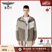 boylondon潮牌短外套男女同款，翻领满印logo拼接复古夹克春n23008