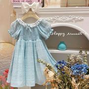 小女孩儿童宝宝夏季装赫本风，蕾丝花边圆领泡泡短袖蓝色淑女连衣裙