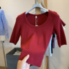 正肩红色短袖T恤女装大圆领中袖T内搭棉质螺纹打底衫显瘦基础上衣