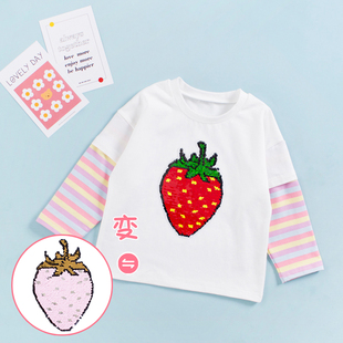 儿童亮片t恤女童长袖变色可变图案衣服宝宝，春秋装假两件可爱草莓