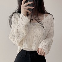 韩国chic秋季镂空薄款开衫，毛衣宽松简约纯色短款冰丝针织防晒衫女