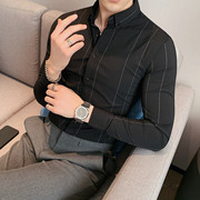 衬衫男长袖韩版帅气修身轻奢帅气休闲高级感加厚加绒条纹男士衬衣