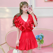 公主家韩版红色套装夏装V领荷叶边衬衫上衣半身裙子两件套装
