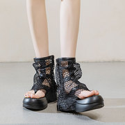 欧美风夹趾镂空罗马凉鞋，女夏季松糕厚底短靴，露趾网纱透气凉靴