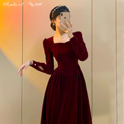 秋冬赫本风方领显瘦黑色，酒红色金丝绒连衣裙，打底裙气质礼服裙