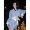 lin张林超(张林超)蓝色恋人减龄洋气时尚套装，法式条纹英伦衬衫半身裙