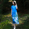 中式复古印花苎麻连衣裙女夏气质显瘦短袖长裙改良棉麻蓝色旗袍裙