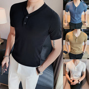 夏季时尚v领短袖t恤韩版修身纯色，男士弹力半袖针织衫青年时尚上衣