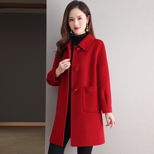 红色韩版高级感双面羊绒大衣女，2023中长款高端秋冬羊毛呢外套