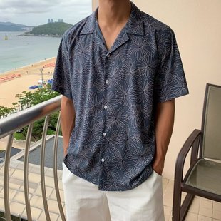 夏季藏蓝色古巴领衬衫男薄款夏威夷花衬衫衬衣高级感巴五分袖
