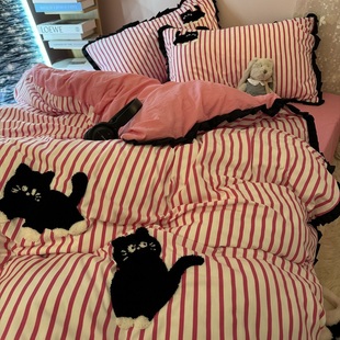 简约红白条猫咪刺绣四件套，床上用品1.5m1.8米被套床单床笠三4件套