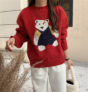 过新年红色小熊毛衣女秋冬2023韩版学生减龄杏色针织上衣