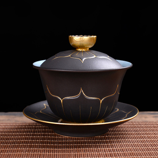 荷花盖碗茶杯陶瓷单个高档防烫三才茶碗复古描金盖碗茶具套装家用