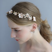金色手工新娘发带头饰耳夹耳环套装欧美金属花朵花环森系婚礼配饰