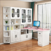 转角书桌和书柜组合家用儿童，学生实木卧室写字台，带书架电脑桌一体