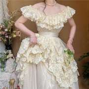 豌豆公主超仙vintage波点网纱法式公主蕾丝一字领古董婚纱连衣裙